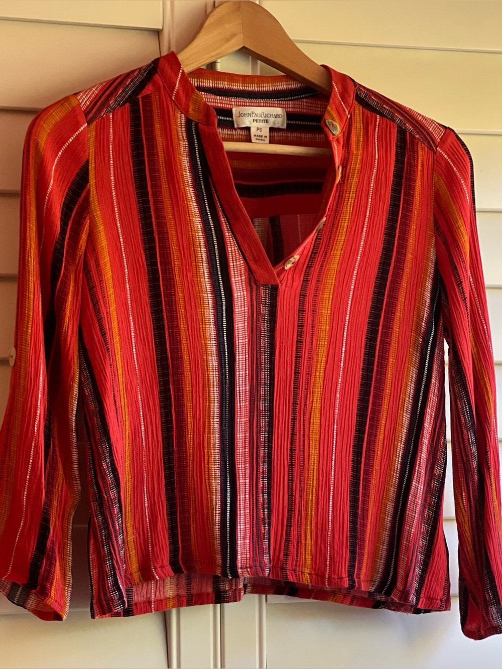 JohnPaulRichard Striped Crinkle Gauze Blouse in rust, gold, Size Petite Small